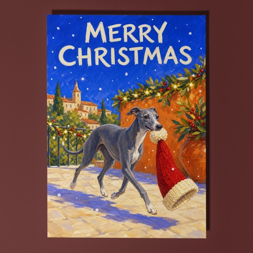 Greyhound christmas dog card - greyhound,