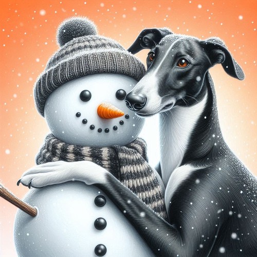 Greyhound and snowman humorous