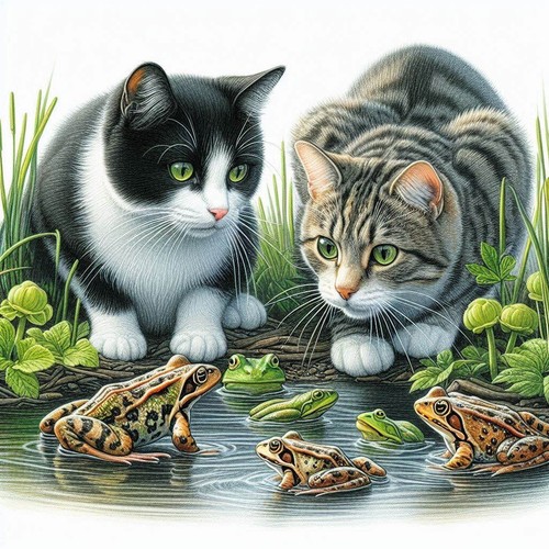 Cat and frogs greetings card - and,